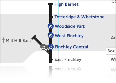ロンドン・フィンチェリーとウッドサイドパーク地区の地下鉄マップ